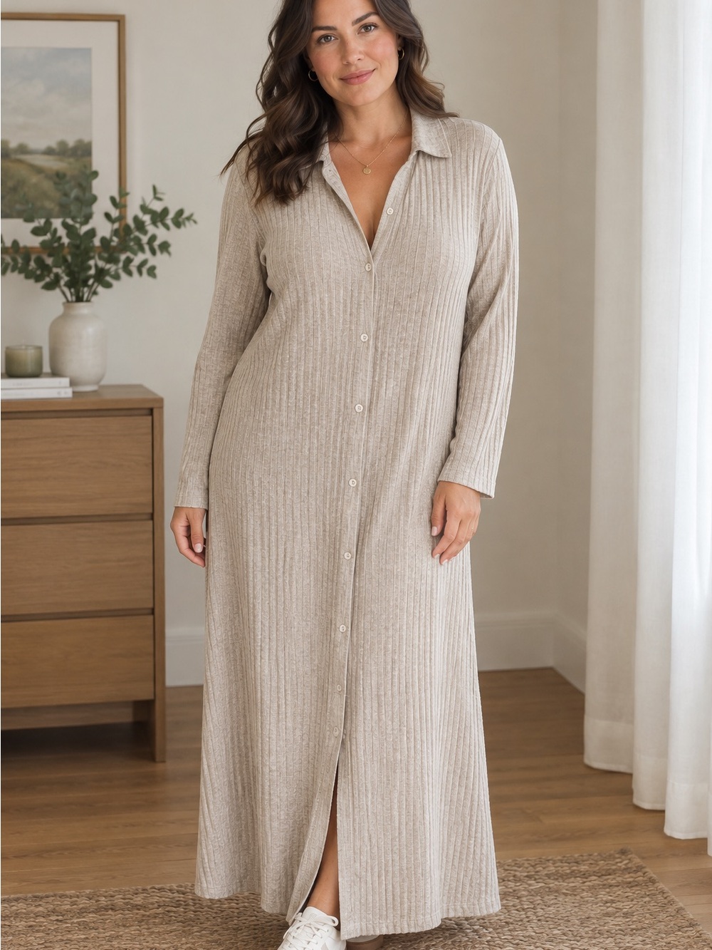 H&M Beige Ribbed Button-Front Maxi Dress